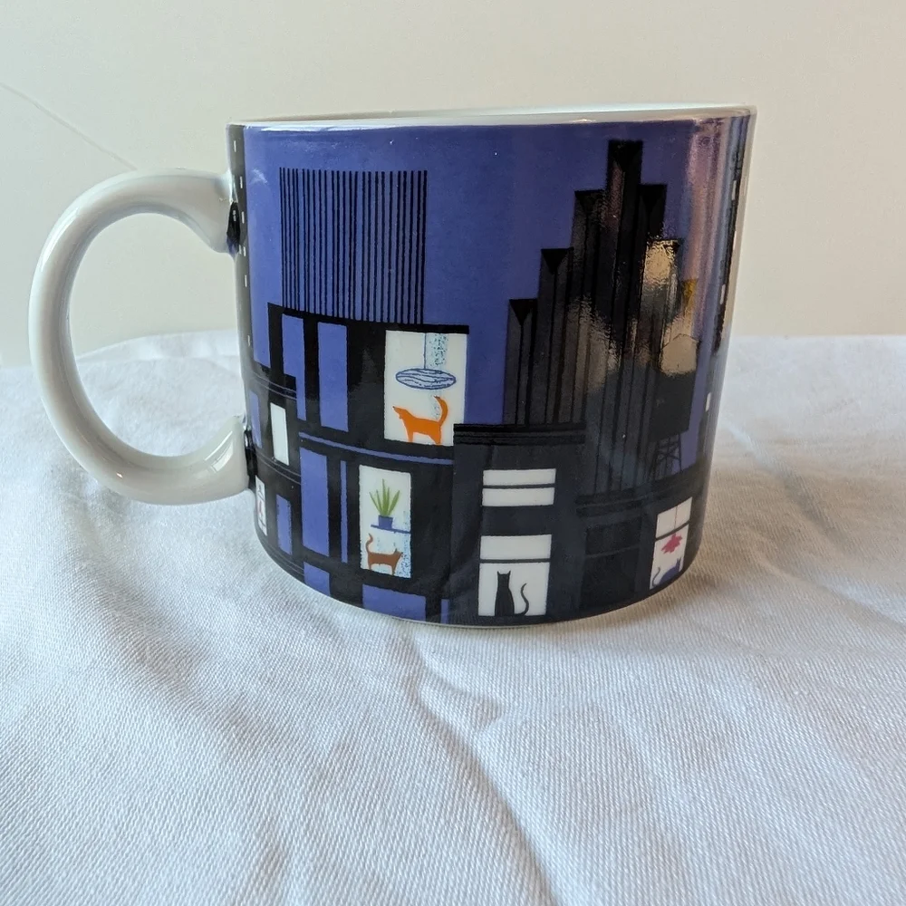 West Elm Sam Kalda ASCPA Pets In Windows City Night Skyline Mug Cup